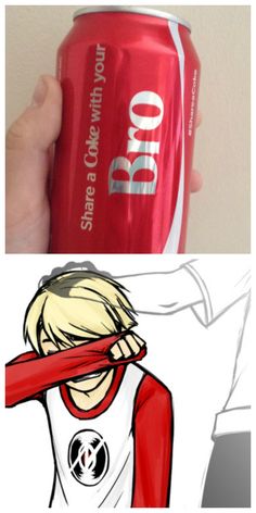 two pictures one with a red can and the other has an image of a person wearing a t - shirt