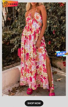 Red Halter Neck Backless Floral Print Maxi Dress with Ties Dresses Floral, Floral Print Maxi Dress, Floral Print Maxi, Dresses By Length, Dress With Tie, Floral Dresses, Tie Dress, Printed Maxi Dress, Long Maxi Dress