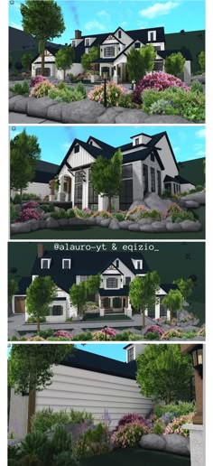 three different views of the front and back of a house, with landscaping on each side