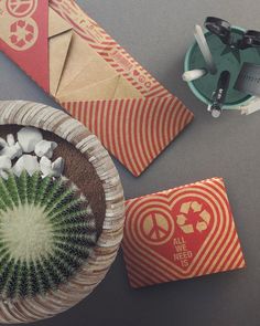 a cactus in a pot next to some papers and other items on a table top