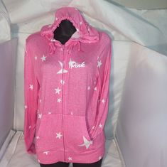 Victorias Secret Pink Cozy Perfect Stars Hoodie Light Zip Up Sweater Jacket Nwt Casual Star Print Sweatshirt For Loungewear, Casual Long Sleeve Star Print Hoodie, Winter Long Sleeve Sweatshirt With Star Patch, White Long Sleeve Hoodie With Star Print, White Star Print Hoodie For Winter, White Star Print Winter Hoodie, Casual Cotton Outerwear With Star Patch, Winter Long Sleeve Outerwear With Star Patch, Winter Outerwear With Star Patch And Long Sleeves