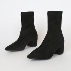 Soft Faux Suede Pointed Toe Boots. Boots Go To Upper To Mid-Calf. Pull-On Design 2.25" Wrapped Block Heel. Cushioned Insole. Felted Rubber Sole Has Nonskid Markings. Never Worn, Still In Box Pointed Toe Boots, Mid Calf, Black Suede, Faux Suede, Black Shoes, Block Heels, Bootie Boots, Ankle Boots, Women Shoes