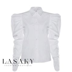 Lasaky - Womens Fitted Button-Up Blouse with Puffed Sleeves and Pointed Collar Elegant Puff Sleeve Button-up Top, Fitted Shirt With Puff Sleeves And Buttons, Fitted Puff Sleeve Shirt With Buttons, Trendy Fitted Shirt With Puff Sleeves, Office Tops With Lantern Sleeves And Button Closure, Office Lantern Sleeve Top With Button Closure, Fitted Puff Sleeve Shirt For Fall, Fall Fitted Puff Sleeve Shirt, Fitted Lantern Sleeve Shirt For Fall