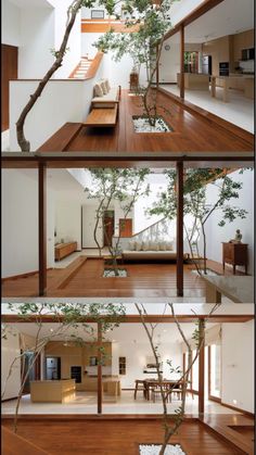 the inside and outside of a house with wood floors