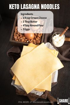 ingredients for keto lasagna noodles in a wooden box