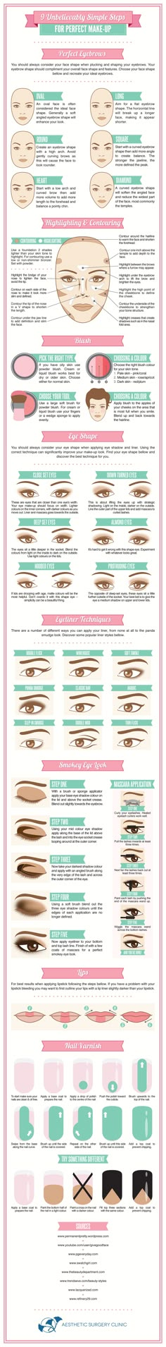 9 Unbelievably Simple Steps to Perfect Makeup (Infographic!) Make Up Mata, Makeup Charts, Bentuk Alis, Drag Make-up, Best Makeup Tutorials, Perfect Makeup, Feel Pretty