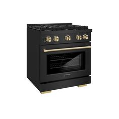 a black oven with gold trim and two burners on the front, in an open position