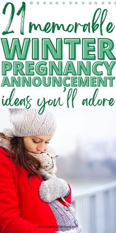 pregnant woman in winter coat and gloves announcing pregnancy