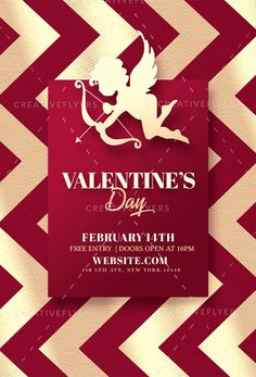 valentine's day flyer template with cupid cupid and arrow on red and white che