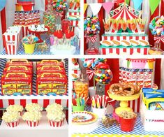 a circus themed birthday party with popcorn, cakes and desserts on the table in front of them