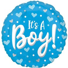 it's a boy foil balloon in blue with hearts on the bottom and white lettering