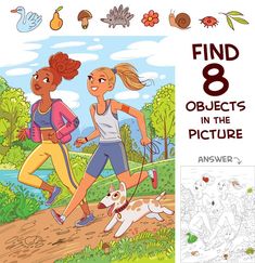 two girls jogging in the park with their dog and coloring book page for children's books