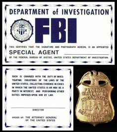 an identification card for the department of investigateation fbi is shown in this undated image