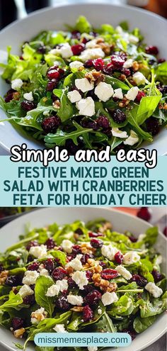 Elevate your holiday gatherings with this vibrant Festive Mixed Green Salad loaded with cranberries and feta. This delicious dish combines the freshness of leafy greens with the sweet-tart burst of dried cranberries and creamy feta cheese. Not only is it a visual feast, but it's also packed with nutrients to keep your festive celebrations healthy. Perfect as a side dish or a light main course, this salad will impress your guests while adding a pop of color to your holiday table! Dried Cranberry Salad Recipes, Christmas Spinach Salad Recipes, Christmas Salad With Cranberries, Green Salad For Christmas Dinner, Salad With Feta Cheese And Cranberries, Spinach Salad With Cranberries And Feta, Salad With Craisins Recipes, Christmas Green Salads Holidays, Winter Lettuce Salad Recipes