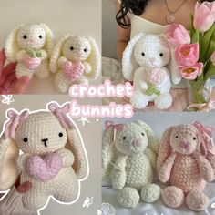 crochet bunny stuffed animals are shown in four different pictures, including one with a pink bow