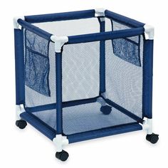 a blue and white baby playpen with wheels on the front, it has two mesh sides