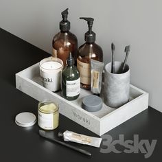 various items are arranged on a tray with toothbrushes, soap and lotion