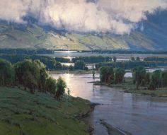 an oil painting of a river with mountains in the back ground and clouds above it