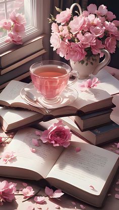 a cup of tea sits on top of an open book and next to pink flowers