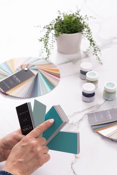 a person is holding some paint samples in their hand and there are other paints on the table