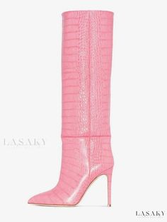 Lasaky - Contemporary Fuchsia Crocodile Pattern Knee High Boots with Pointed Toe and High Heel Pink Leather Boots, Pink Knee High Boots, Heel Knee High Boots, Platform Heels Boots, Thigh High Boots Heels, Animal Print Shoes, Paris Texas, Boots Knee, Shoe Print