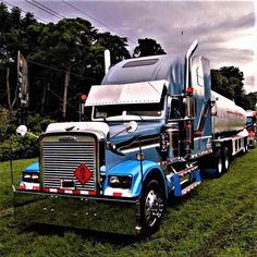 a blue semi truck parked on top of a lush green field