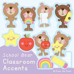 the school bear classroom accents are available in various sizes and colors, including an apple, star