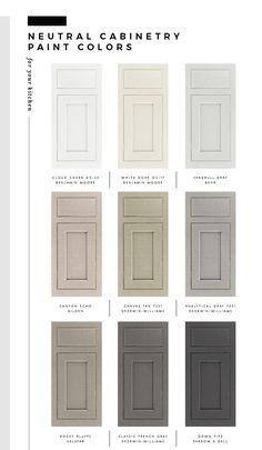 the color chart for neutral cabinetry and paint colors in various styles, including white, gray