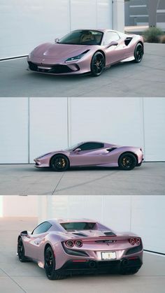 three different views of a pink sports car