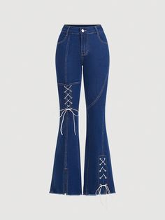 Lace Up Front Flare Leg Jeans Dark Wash    Denim Plain,Textured Pattern Flare Leg Medium Stretch  Women Clothing, size features are:Bust: ,Length: ,Sleeve Length: Denim Diy Clothes, Wardrobe Makeover, Fashion Top Outfits, Neue Outfits, Denim Diy, Easy Trendy Outfits, Flare Leg Jeans, Swaggy Outfits, Type Of Pants