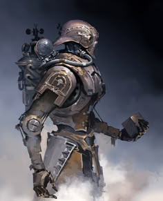 a man dressed in armor walking through the clouds with his hand on his hip and wearing a helmet