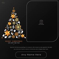 a merry christmas card with gold stars and snowflakes on black background, in the shape of a christmas tree