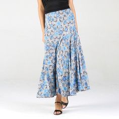 Fit And Flair, Patterned Maxi Skirt, Floral, Diagonal Cut For A Dramatic Flair Blue Gathered Skirt Bottoms For Vacation, Blue Flared Maxi Skirt For Vacation, Blue Floral Print Long Skirt, Blue Non-stretch Bohemian Maxi Skirt, Non-stretch Blue Bohemian Maxi Skirt, Non-stretch Bohemian Blue Maxi Skirt, Non-stretch Blue Lined Maxi Skirt, Non-stretch Blue Skirt For Vacation, Bohemian Long Skirt In Light Blue