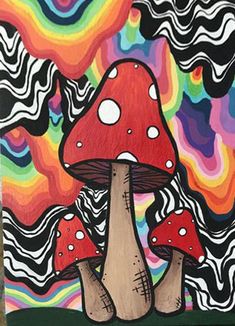 a painting of two mushrooms with colorful swirls in the background