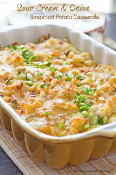 a casserole dish is shown with peas and other toppings in the baking dish