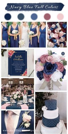 navy blue and pink wedding color palettes for the bride's gown, dress, bouquet