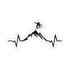 a person on a snowboard jumping over a mountain with a heartbeat line sticker