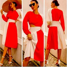 Flared Regular Fit Color Block Dress. Red Midi Dress For Day Out, Red Knee-length Midi Dress For Day Out, Red Embroidered Midi Dress For Spring, Red Summer Midi Dress For Casual Occasions, Red Midi Length Spring Dress, Red Midi Length Dress For Casual Occasions, Long Sleeve Red Dress For Spring, Long Sleeve Red Dresses For Spring, Red Spring Dress For Date Night