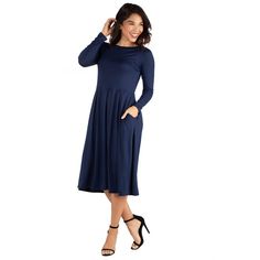 A fall wardrobe must have. This midi dress for women is great for any occasion whether casual or dressy. Featuring a round neckline, long sleeves, midi length hemline, pleated waist, and pockets for a finishing touch. Pair this fit n flare dress with ballet flat for a casual look or create a dressy look with heels. Available in nine beautiful color options, youll want one in every color. Made from a soft and comfortable stretch material that is machine washable for easy care. Fit And Flare Midi Dress, Flare Midi Dress, Midi Dress For Women, Hem Style, Dark Color, Fit N Flare Dress, Pocket Dress, Ballet Flat, Fall Wardrobe