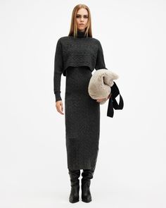 Knitted layers for winter just make sense. The Muriel Dress gives you two in one. A funnel neck sweater with ribbed trims and slim fitting midi dress. Together, or apart – they're seasonal essentials.  2-in-1 style This dress is designed to a slim fit The sizing of this style is dual sized, we recommend sizing up if you prefer a looser fit XS=UK 2/4, S=UK 6/8, M=US 6/12, L=UK 14/16  Dress Midi length Pullover  Sweater Funnel neck Long sleeves Ribbed trims Layers For Winter, 16 Dress, Funnel Neck Sweater, Turtleneck Sweater Dress, Chunky Knitwear, Dress Midi, Cotton Wool, Guest Outfit, Midi Length Dress