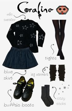 Coraline, cat, stars, inspo outfit, cozy outfit Coraline Outfit Inspiration, Coraline Core Outfits, Tim Burton Outfits, Coraline Aesthetic Outfit, Coraline Outfit Aesthetic, Coraline Inspired Outfit, Casual Halloween Outfits Costumes