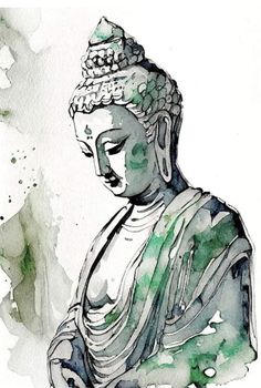 a watercolor painting of a buddha statue with green paint splattered on it