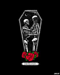 two skeletons sitting on top of a grave with roses in the foreground and one skeleton holding hands