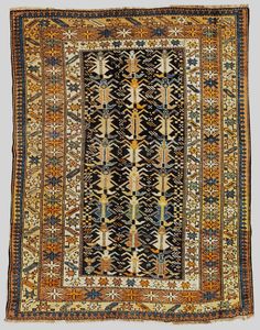 an old rug with many different colors and patterns on it, including blue, yellow, orange