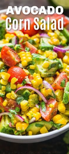 the best ever corn salad is in a white bowl