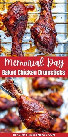 chicken drums with text overlay that reads memorial pay baked chicken drumsticks recipe