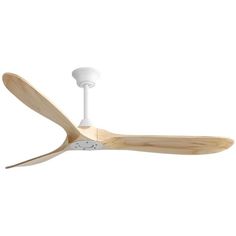 a white ceiling fan with wooden blades and a light on the blade is shown in front of a white background