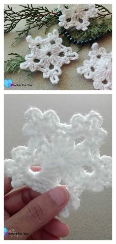 crocheted snowflakes are shown in two different pictures