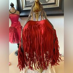 New Super Rare Super Fun Look At Pics For Measurement. Leather Fringe Bag For Party, Leather Fringe Party Bag, Luxury Fringe Shoulder Bag For Party, Chic Burgundy Shoulder Bag For Party, Luxury Burgundy Party Bags, Luxury Fringe Bag For Shopping, Chic Red Shoulder Bag For Evening, Red Tote Shoulder Bag For Party, Chic Red Shoulder Bag With Dust Bag