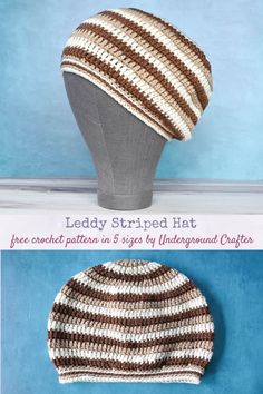 Leddy Striped Hat in Cascade Yarns Pacific yarn by Underground Crafter | This free crochet striped hat pattern is an easy peasy, meditative project. Available in 5 sizes, the Leddy Striped Hat is gender-neutral and coordinates with the Leddy (Infinity) Scarf pattern. Crochet Cap Pattern Free, Crochet Striped Hat, Crochet Headwear, Crochet Caps, Infinity Scarf Pattern, Crochet Wearables, Striped Hat